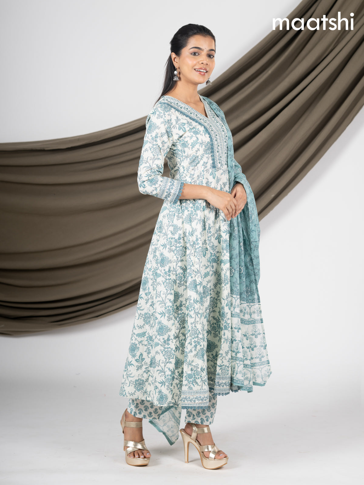 Anarkali salwar suit off white and peacock green shade with allover floral prints & crocia lace work neck pattern and straight cut pant & dupatta