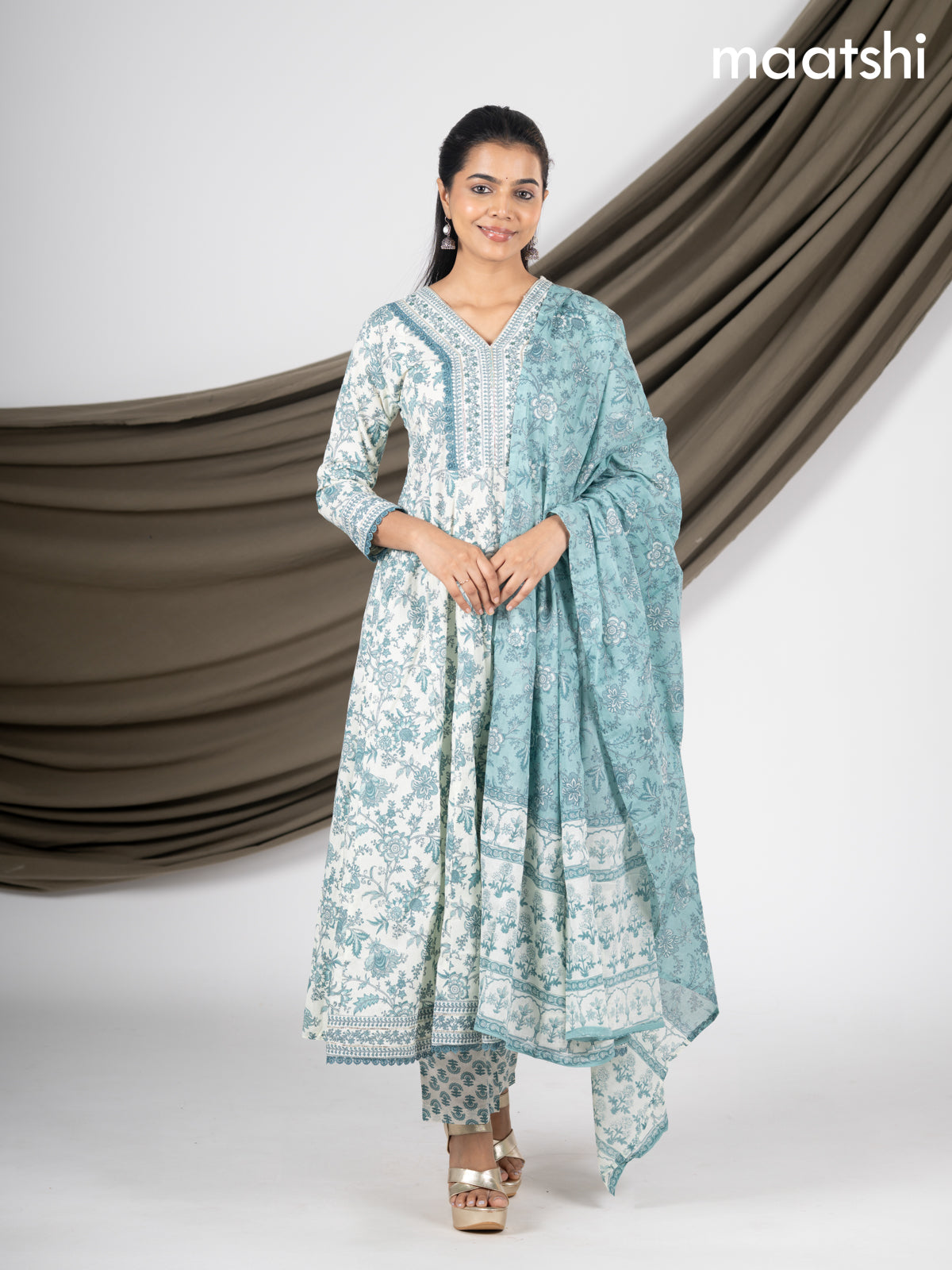 Anarkali salwar suit off white and peacock green shade with allover floral prints & crocia lace work neck pattern and straight cut pant & dupatta