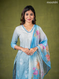 Cotton salwar suit grey shade and pastel blue with embroidery work buttas & sequin lace work neck pattern and straight cut pant & dupatta