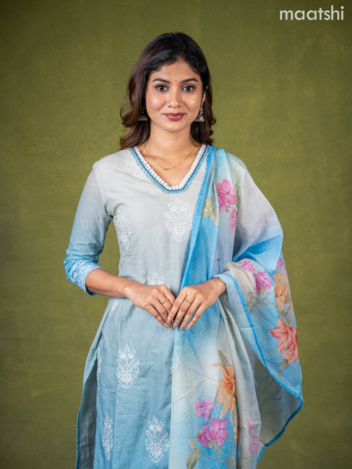 Cotton salwar suit grey shade and pastel blue with embroidery work buttas & sequin lace work neck pattern and straight cut pant & dupatta