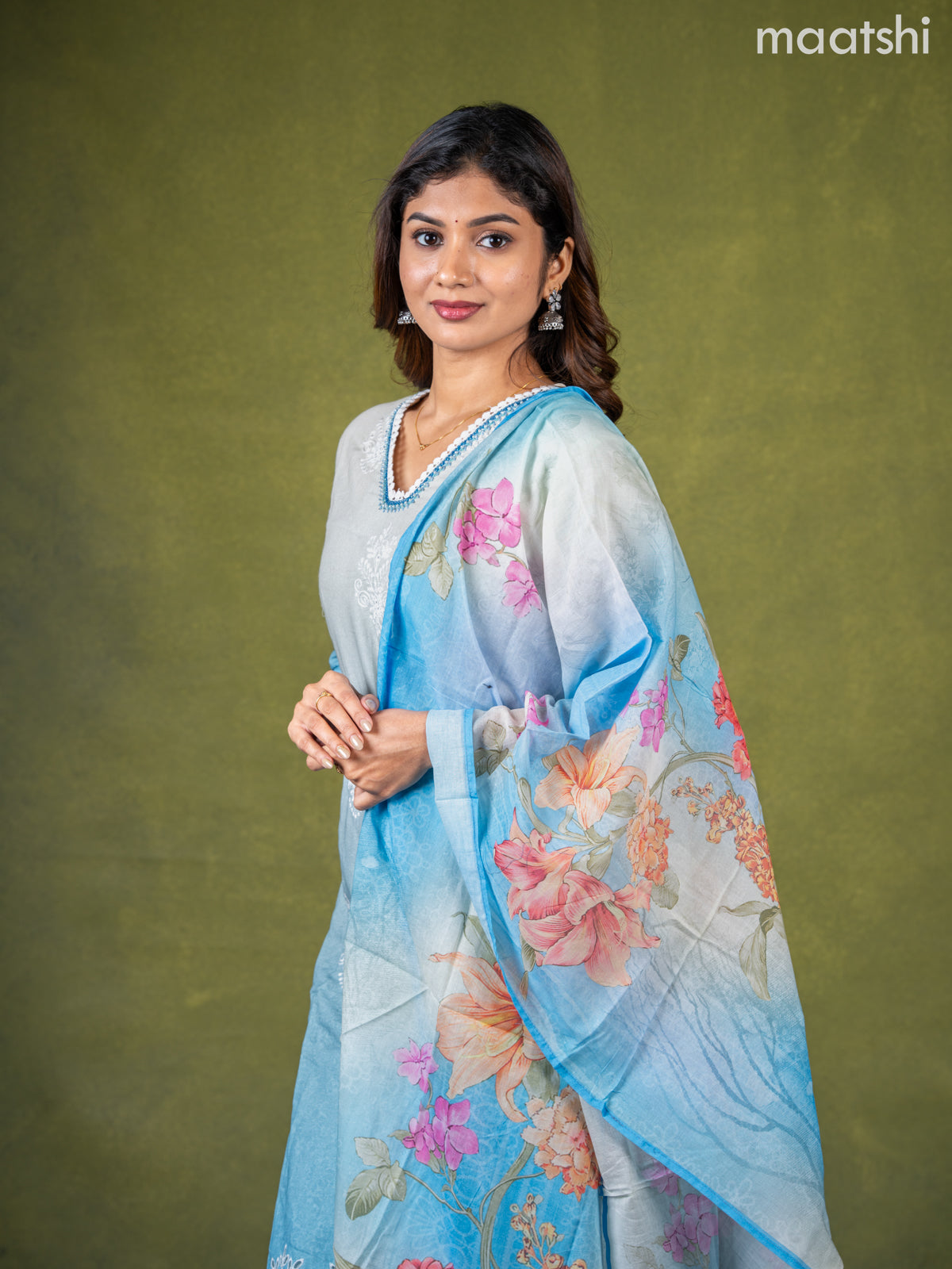 Cotton salwar suit grey shade and pastel blue with embroidery work buttas & sequin lace work neck pattern and straight cut pant & dupatta