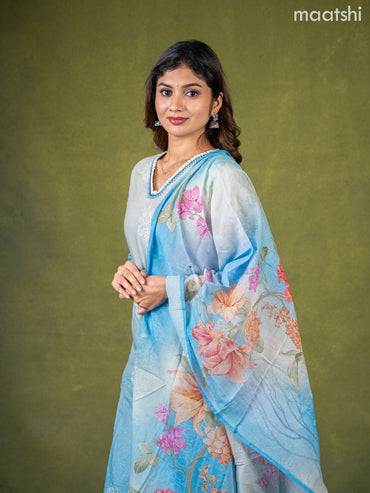 Cotton salwar suit grey shade and pastel blue with embroidery work buttas & sequin lace work neck pattern and straight cut pant & dupatta
