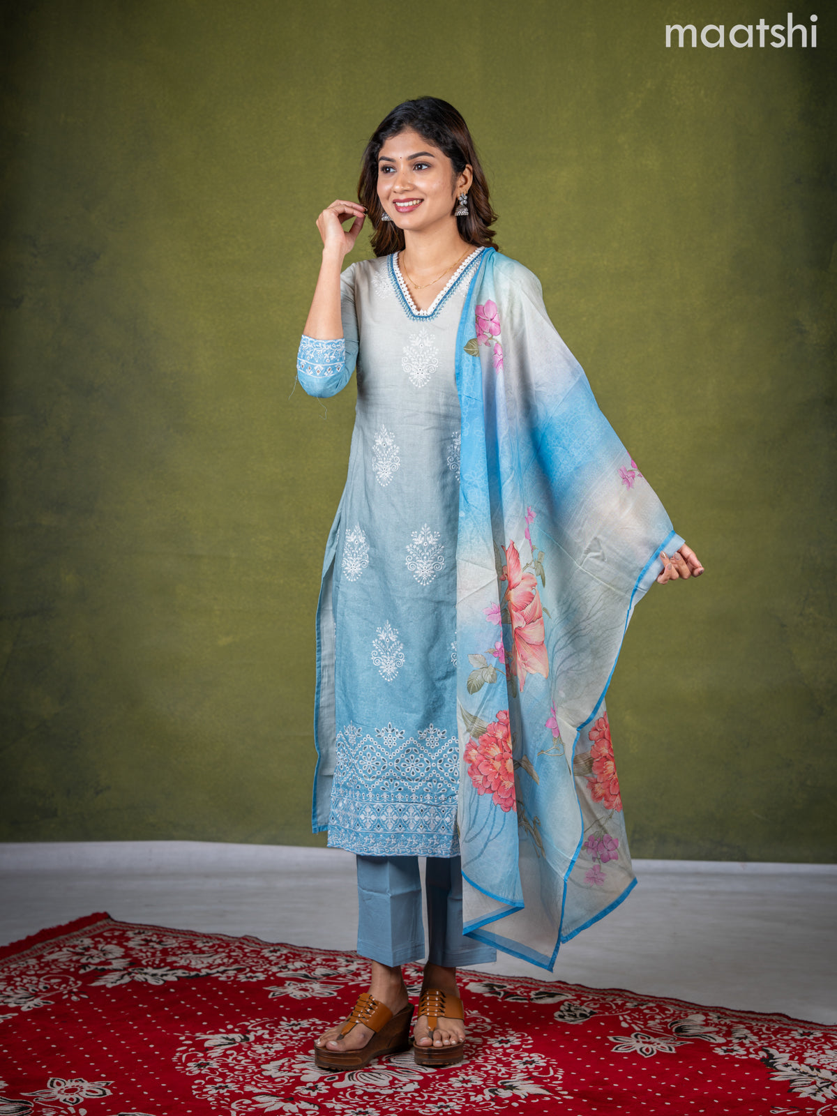 Cotton salwar suit grey shade and pastel blue with embroidery work buttas & sequin lace work neck pattern and straight cut pant & dupatta