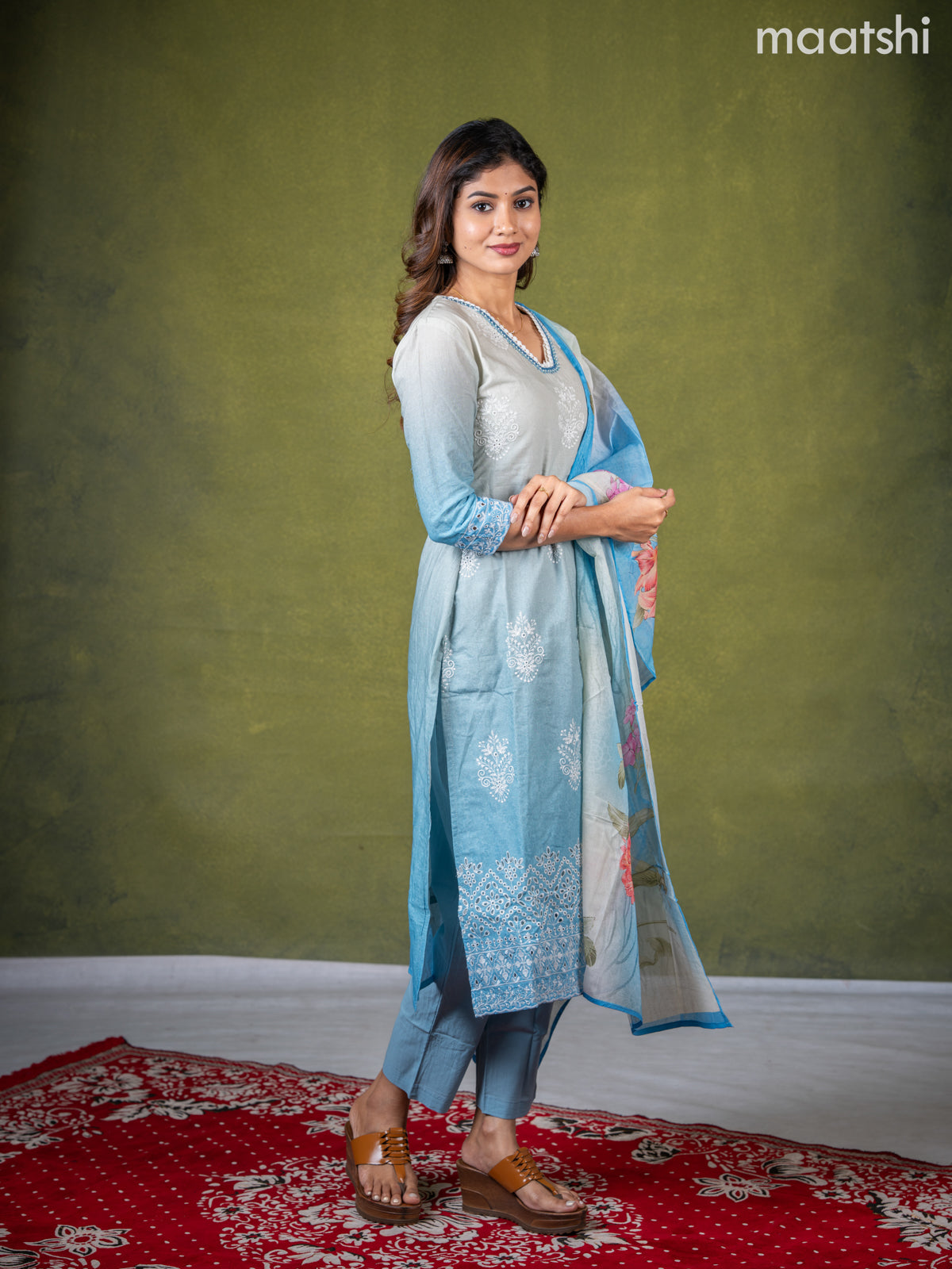 Cotton salwar suit grey shade and pastel blue with embroidery work buttas & sequin lace work neck pattern and straight cut pant & dupatta