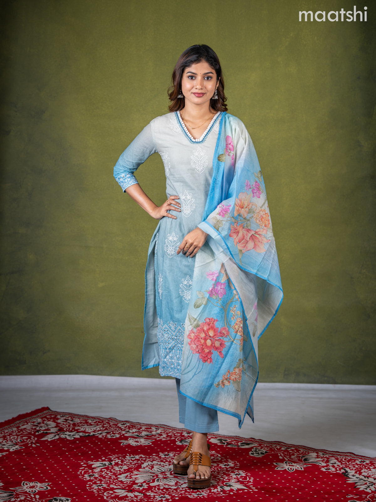 Cotton salwar suit grey shade and pastel blue with embroidery work buttas & sequin lace work neck pattern and straight cut pant & dupatta