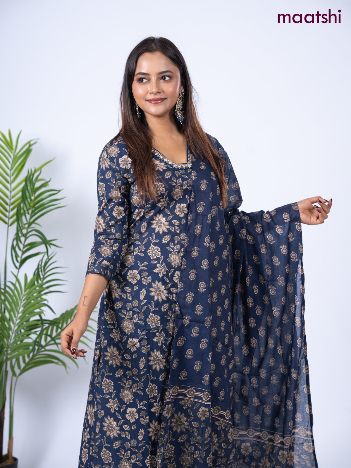 Cotton salwar suit deep navy blue with allover floral prints & embroidery sequin work neck pattern and straight cut pant & dupatta