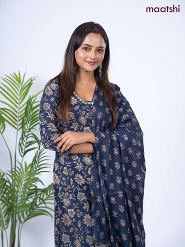 Cotton salwar suit deep navy blue with allover floral prints & embroidery sequin work neck pattern and straight cut pant & dupatta