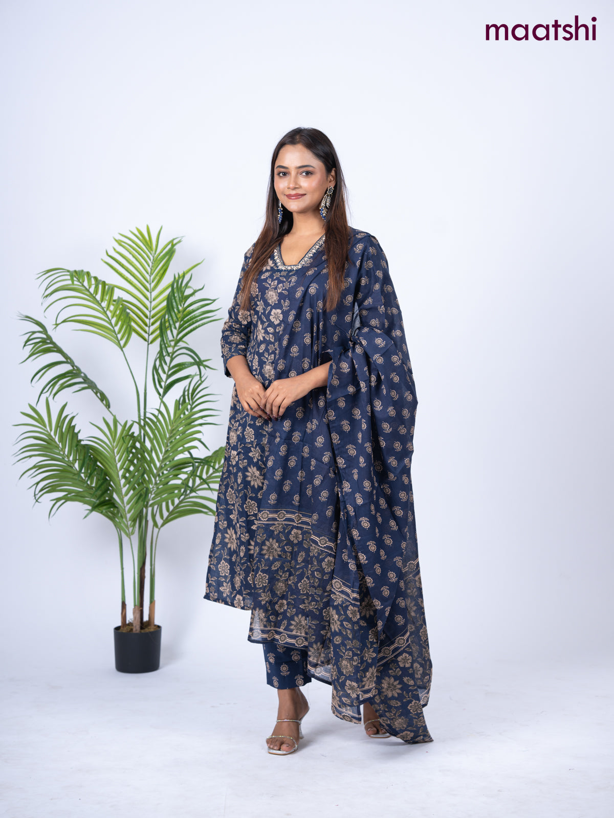 Cotton salwar suit deep navy blue with allover floral prints & embroidery sequin work neck pattern and straight cut pant & dupatta