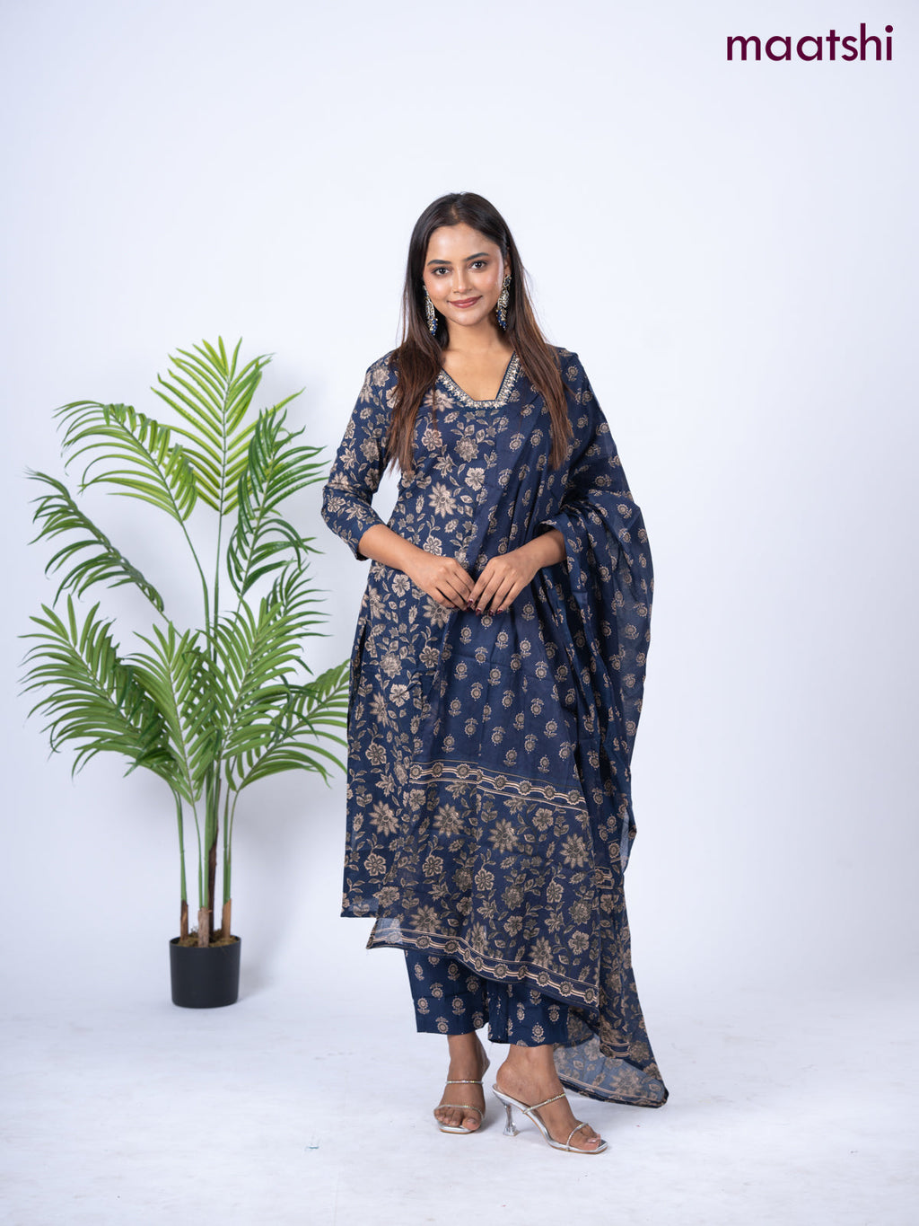 Cotton salwar suit deep navy blue with allover floral prints & embroidery sequin work neck pattern and straight cut pant & dupatta