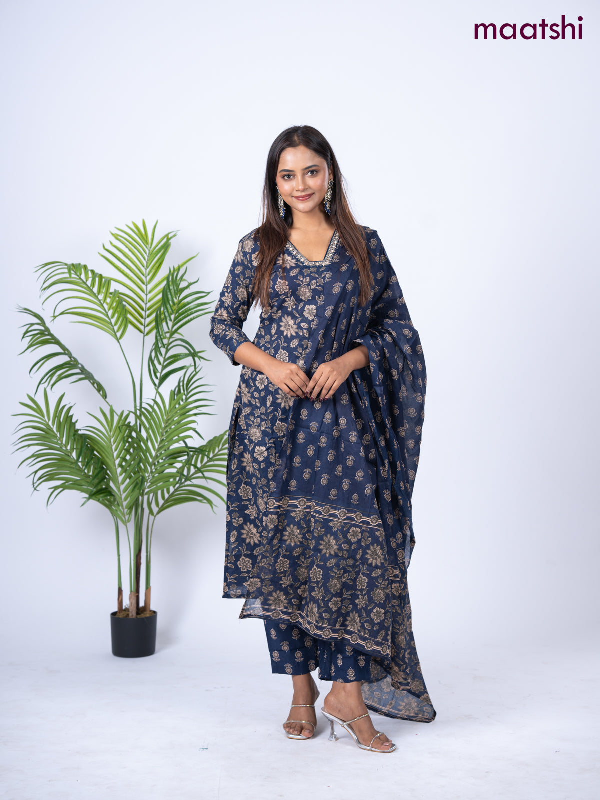 Cotton salwar suit deep navy blue with allover floral prints & embroidery sequin work neck pattern and straight cut pant & dupatta