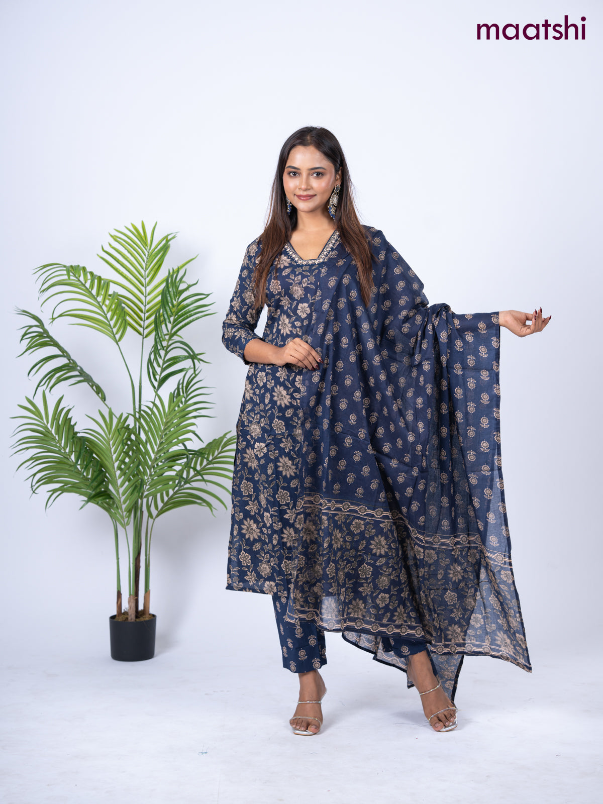 Cotton salwar suit deep navy blue with allover floral prints & embroidery sequin work neck pattern and straight cut pant & dupatta