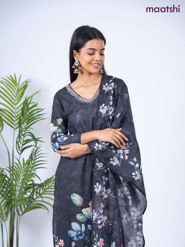 Cotton salwar suit elephant grey with placement prints & embroidery sequin work v neck pattern and straight cut pant & dupatta