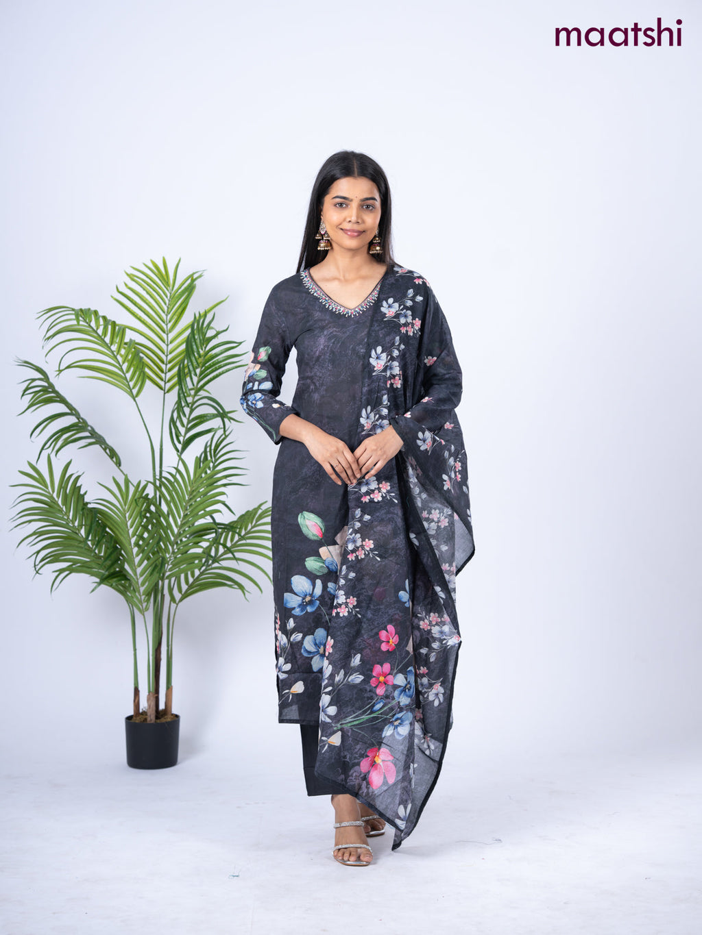 Cotton salwar suit elephant grey with placement prints & embroidery sequin work v neck pattern and straight cut pant & dupatta