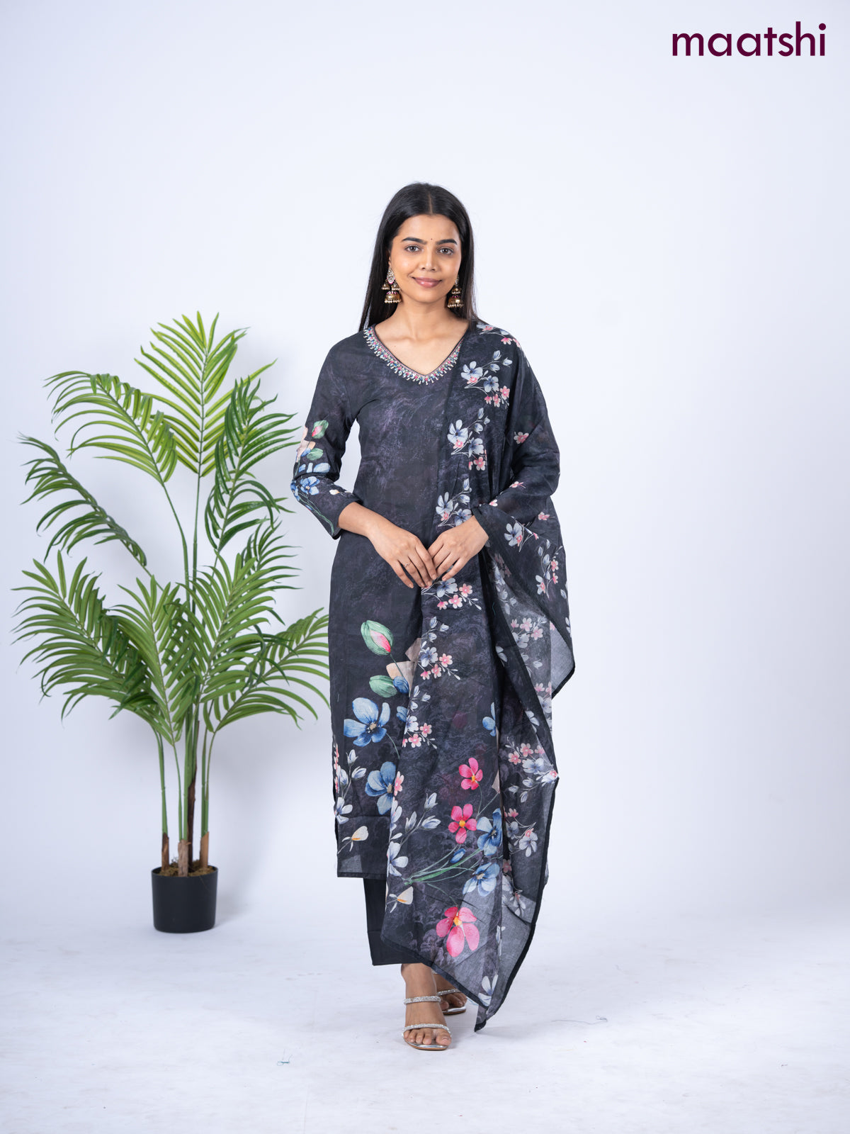 Cotton salwar suit elephant grey with placement prints & embroidery sequin work v neck pattern and straight cut pant & dupatta