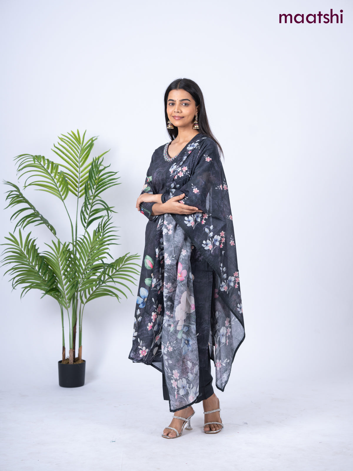 Cotton salwar suit elephant grey with placement prints & embroidery sequin work v neck pattern and straight cut pant & dupatta