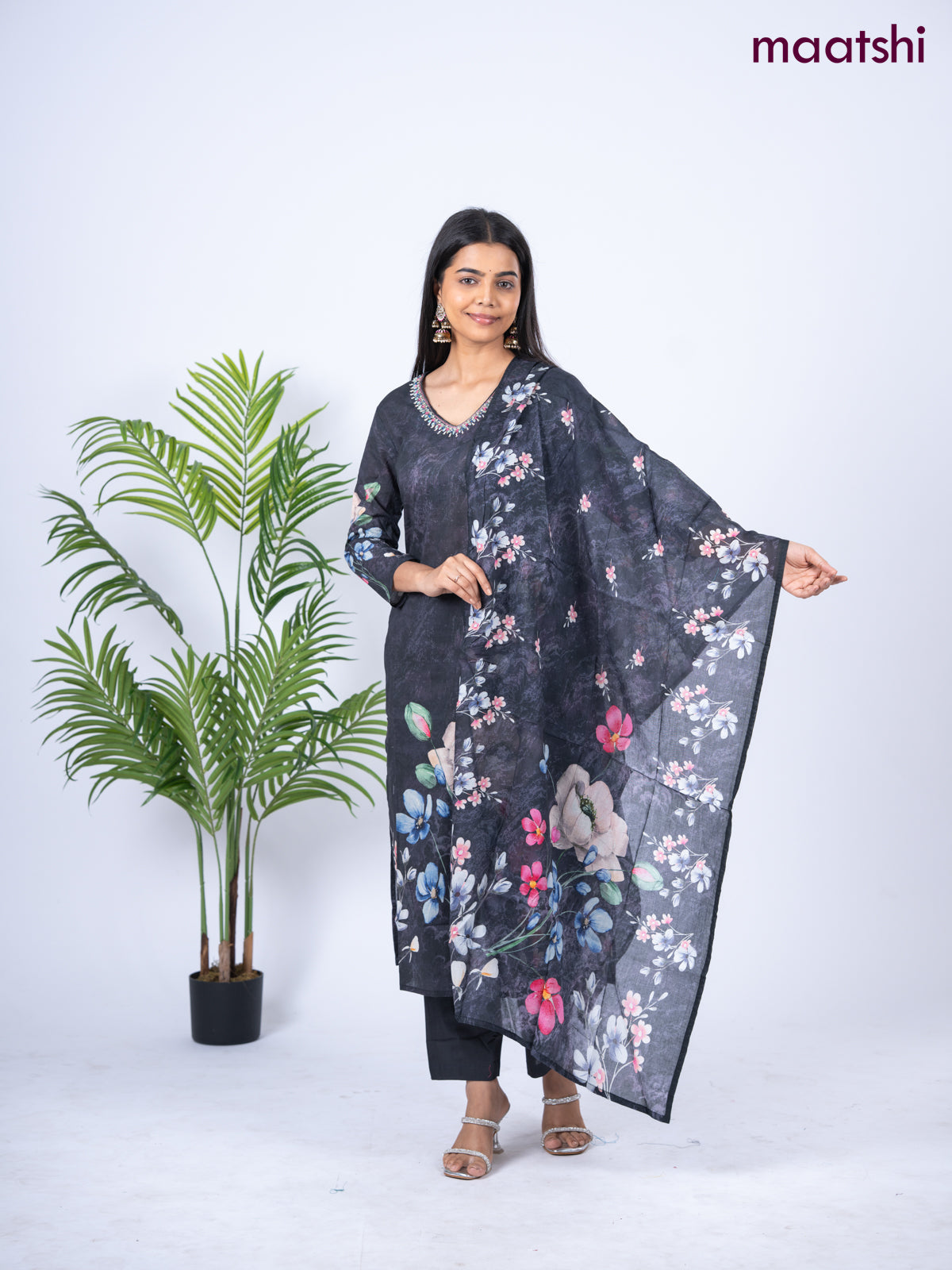 Cotton salwar suit elephant grey with placement prints & embroidery sequin work v neck pattern and straight cut pant & dupatta
