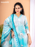 Placement print salwar suit off white and teal blue with prints & embroidery sequin work v neck pattern and straight cut pant & dupatta