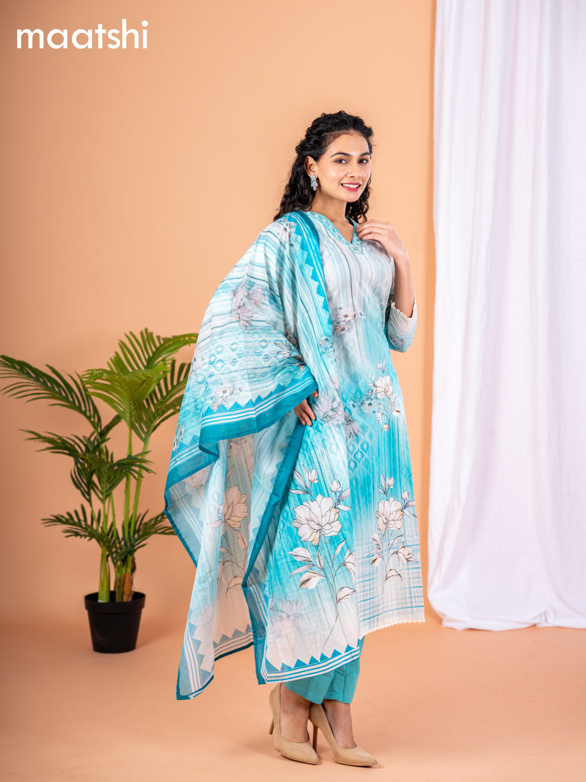 Placement print salwar suit off white and teal blue with prints & embroidery sequin work v neck pattern and straight cut pant & dupatta