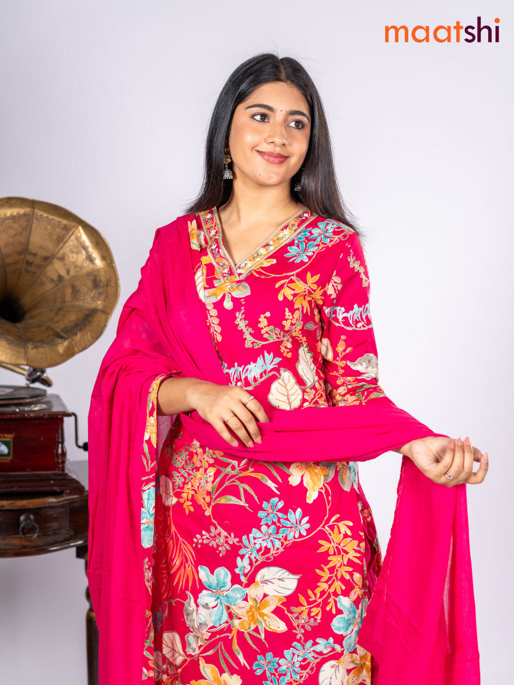 Cotton salwar suit pink and multi colour with allover floral prints & sequin lace work v neck pattern and straight cut pant & dupatta