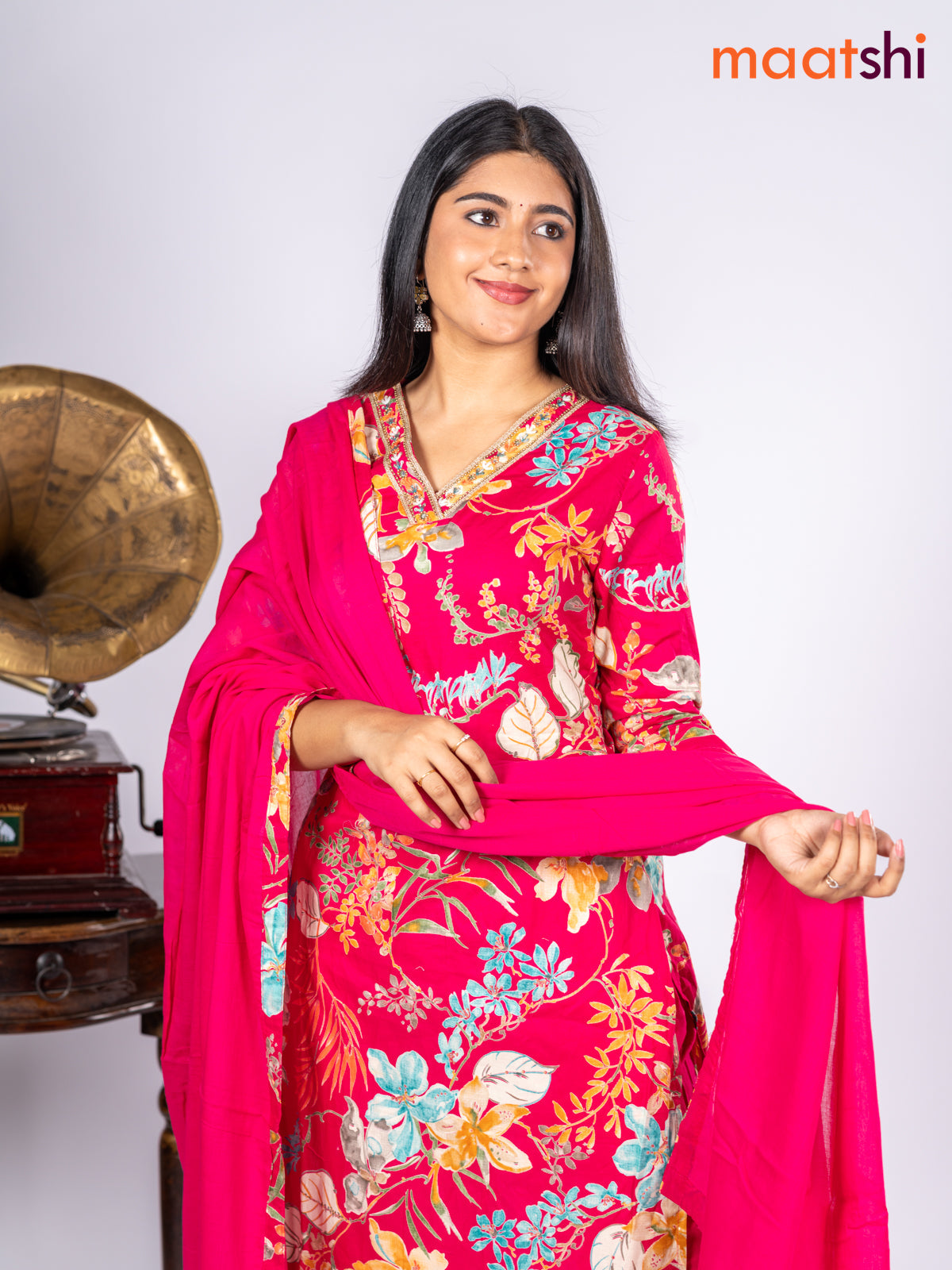 Cotton salwar suit pink and multi colour with allover floral prints & sequin lace work v neck pattern and straight cut pant & dupatta