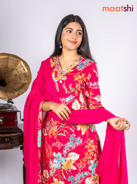 Cotton salwar suit pink and multi colour with allover floral prints & sequin lace work v neck pattern and straight cut pant & dupatta