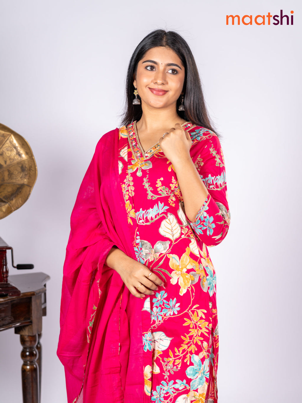 Cotton salwar suit pink and multi colour with allover floral prints & sequin lace work v neck pattern and straight cut pant & dupatta