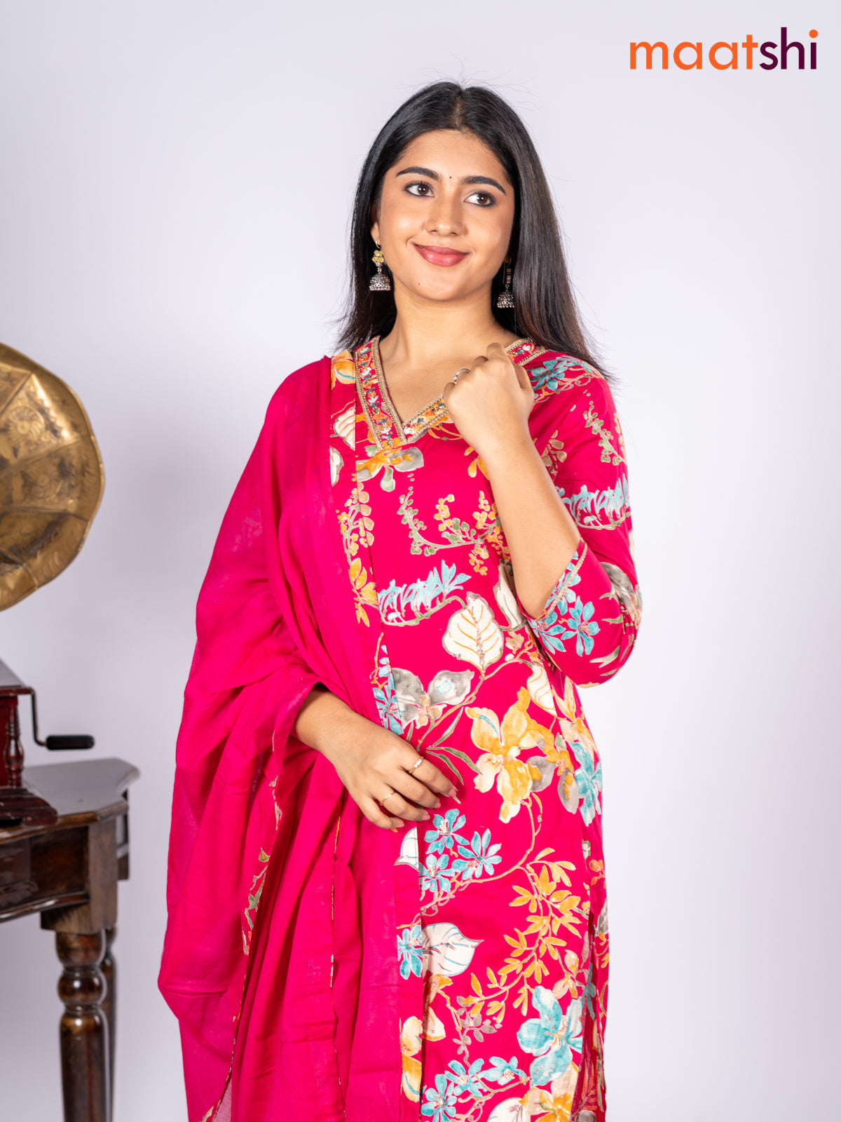Cotton salwar suit pink and multi colour with allover floral prints & sequin lace work v neck pattern and straight cut pant & dupatta