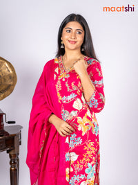 Cotton salwar suit pink and multi colour with allover floral prints & sequin lace work v neck pattern and straight cut pant & dupatta