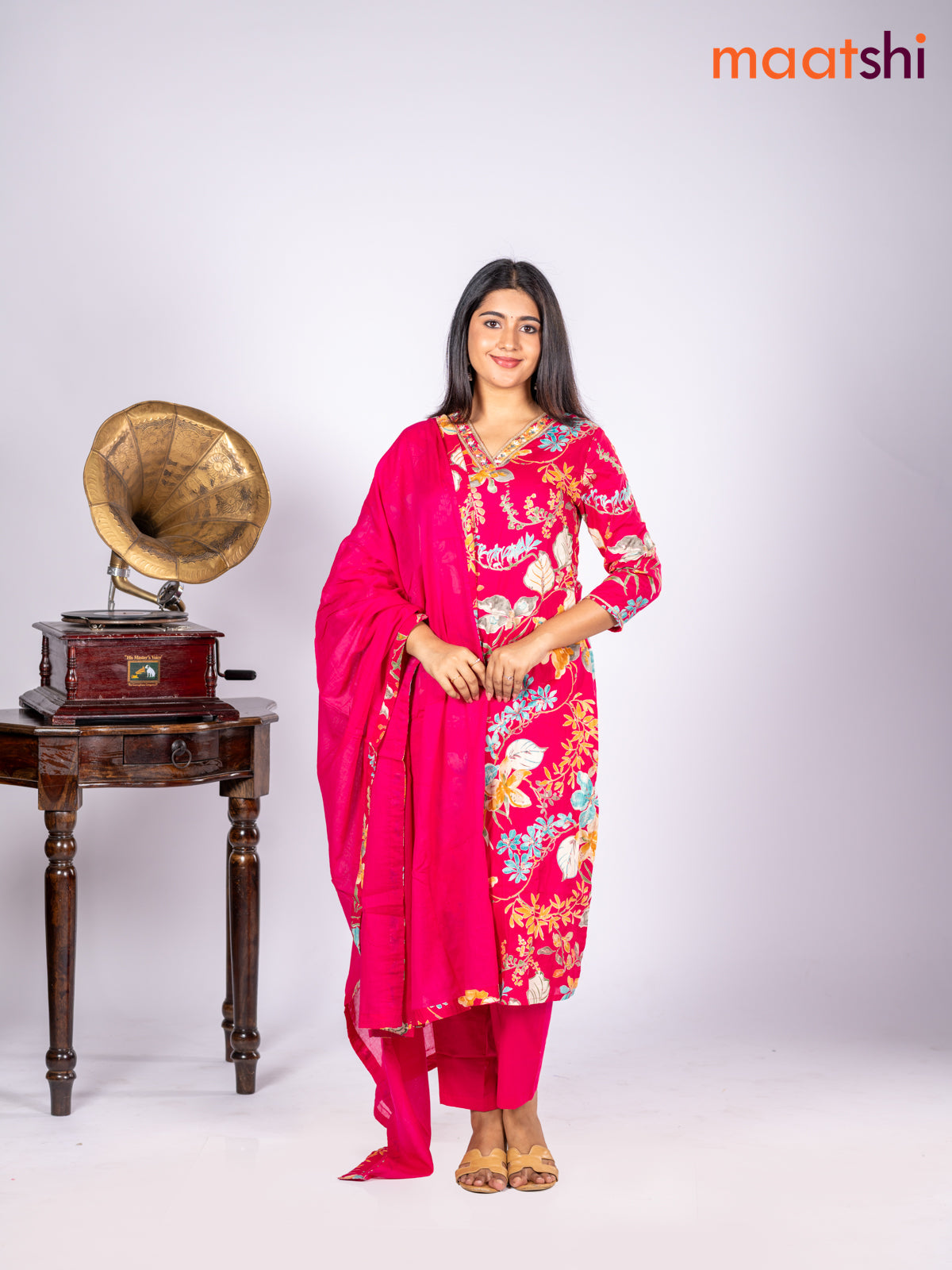 Cotton salwar suit pink and multi colour with allover floral prints & sequin lace work v neck pattern and straight cut pant & dupatta
