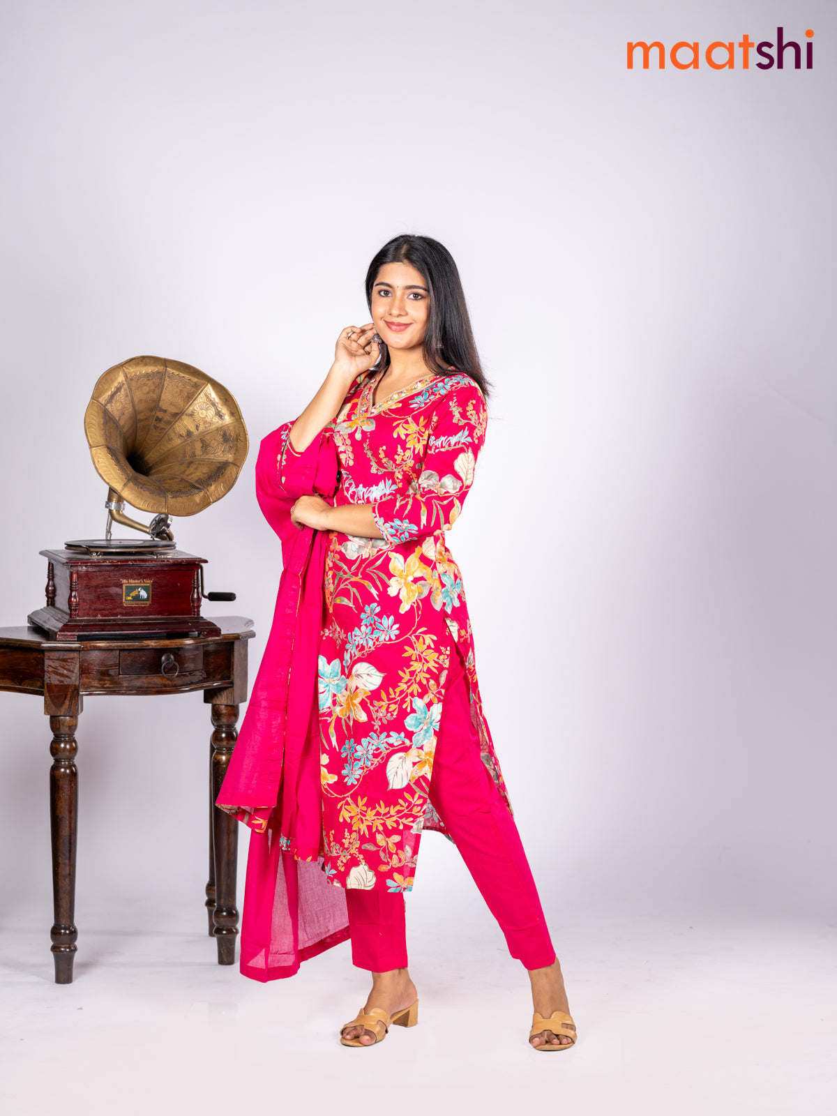 Cotton salwar suit pink and multi colour with allover floral prints & sequin lace work v neck pattern and straight cut pant & dupatta