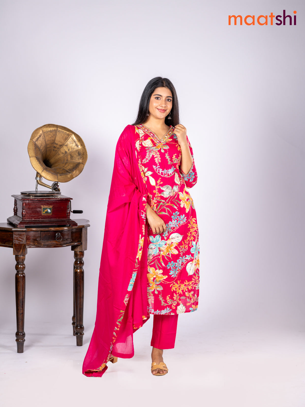 Cotton salwar suit pink and multi colour with allover floral prints & sequin lace work v neck pattern and straight cut pant & dupatta