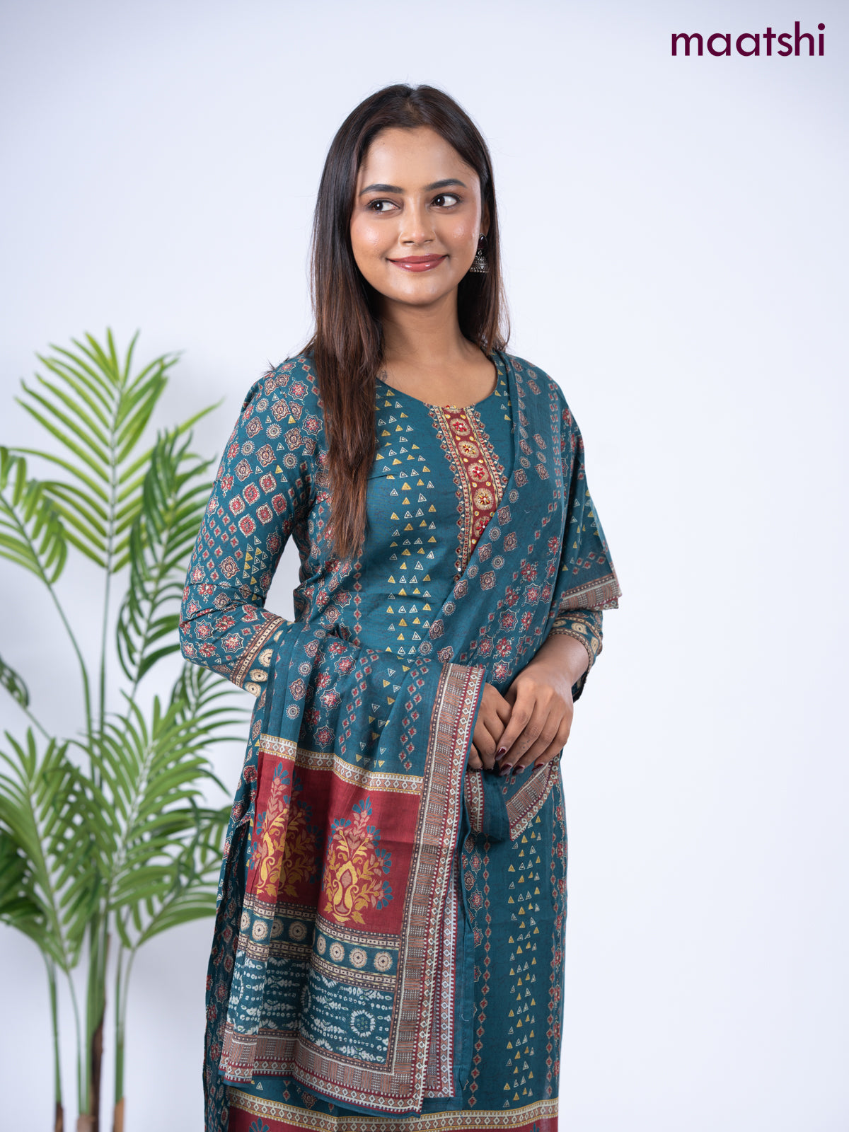 Cotton salwar suit peacock green with allover prints & embroidery sequin work neck pattern and straight cut pant & dupatta