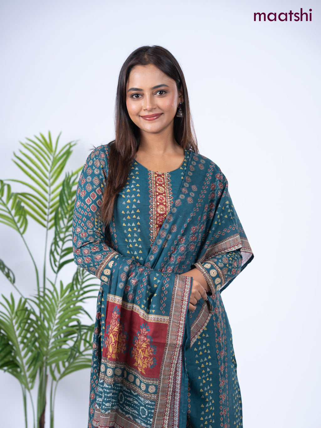 Cotton salwar suit peacock green with allover prints & embroidery sequin work neck pattern and straight cut pant & dupatta