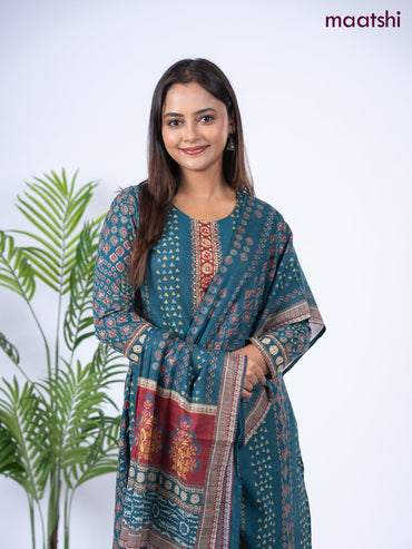 Cotton salwar suit peacock green with allover prints & embroidery sequin work neck pattern and straight cut pant & dupatta