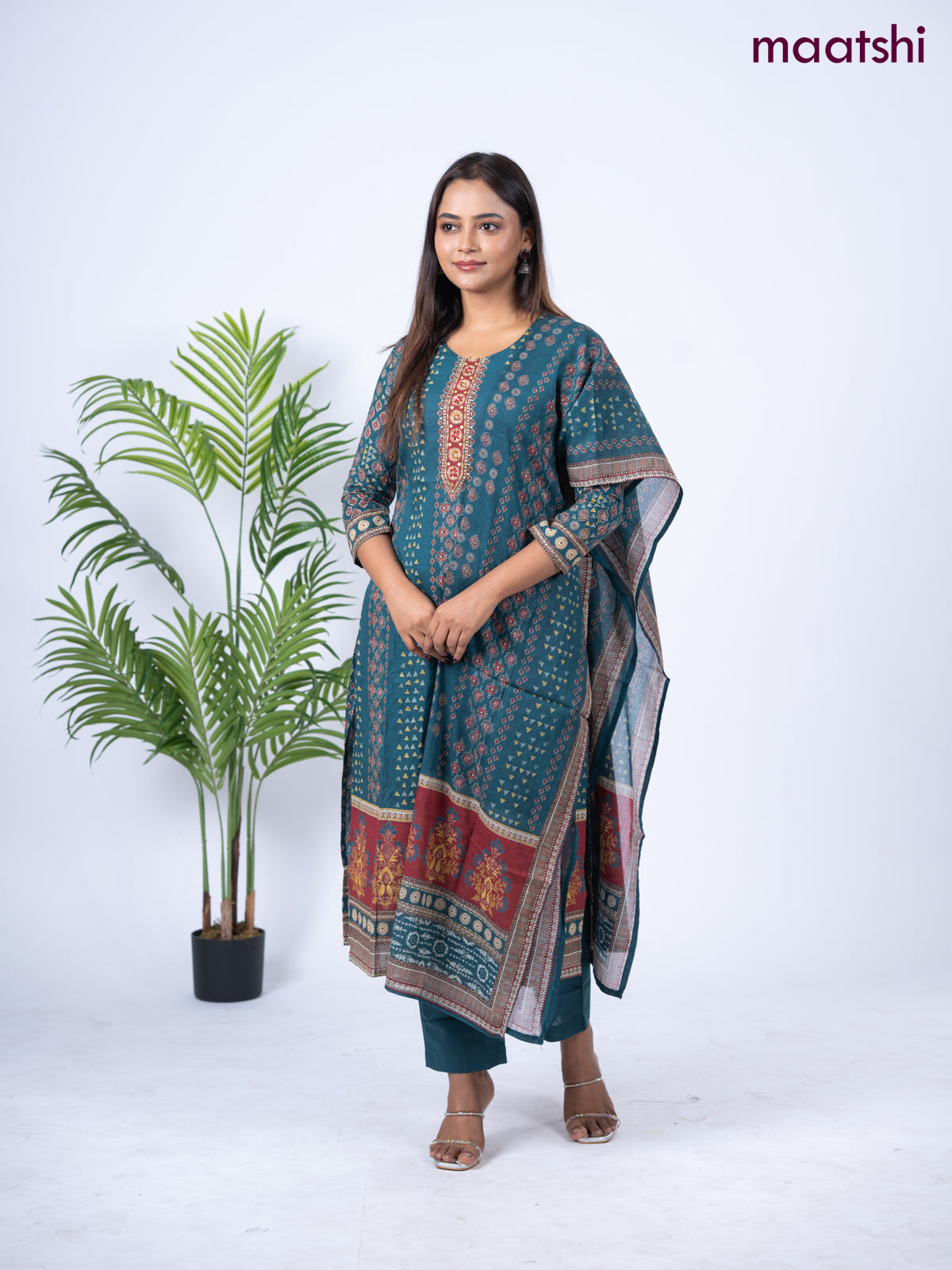 Cotton salwar suit peacock green with allover prints & embroidery sequin work neck pattern and straight cut pant & dupatta
