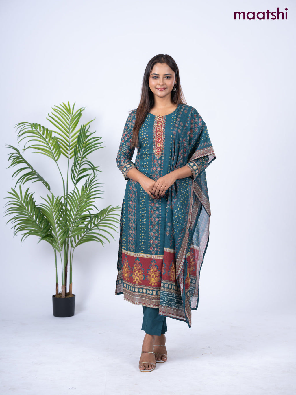Cotton salwar suit peacock green with allover prints & embroidery sequin work neck pattern and straight cut pant & dupatta