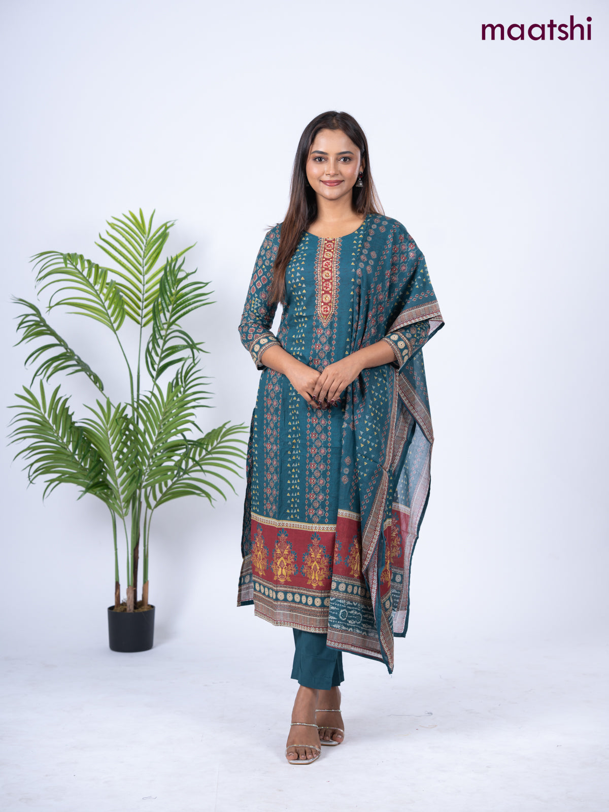 Cotton salwar suit peacock green with allover prints & embroidery sequin work neck pattern and straight cut pant & dupatta