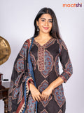 Cotton salwar suit black and blue maroon with allover floral prints & sequin lace work v neck pattern and straight cut pant & dupatta