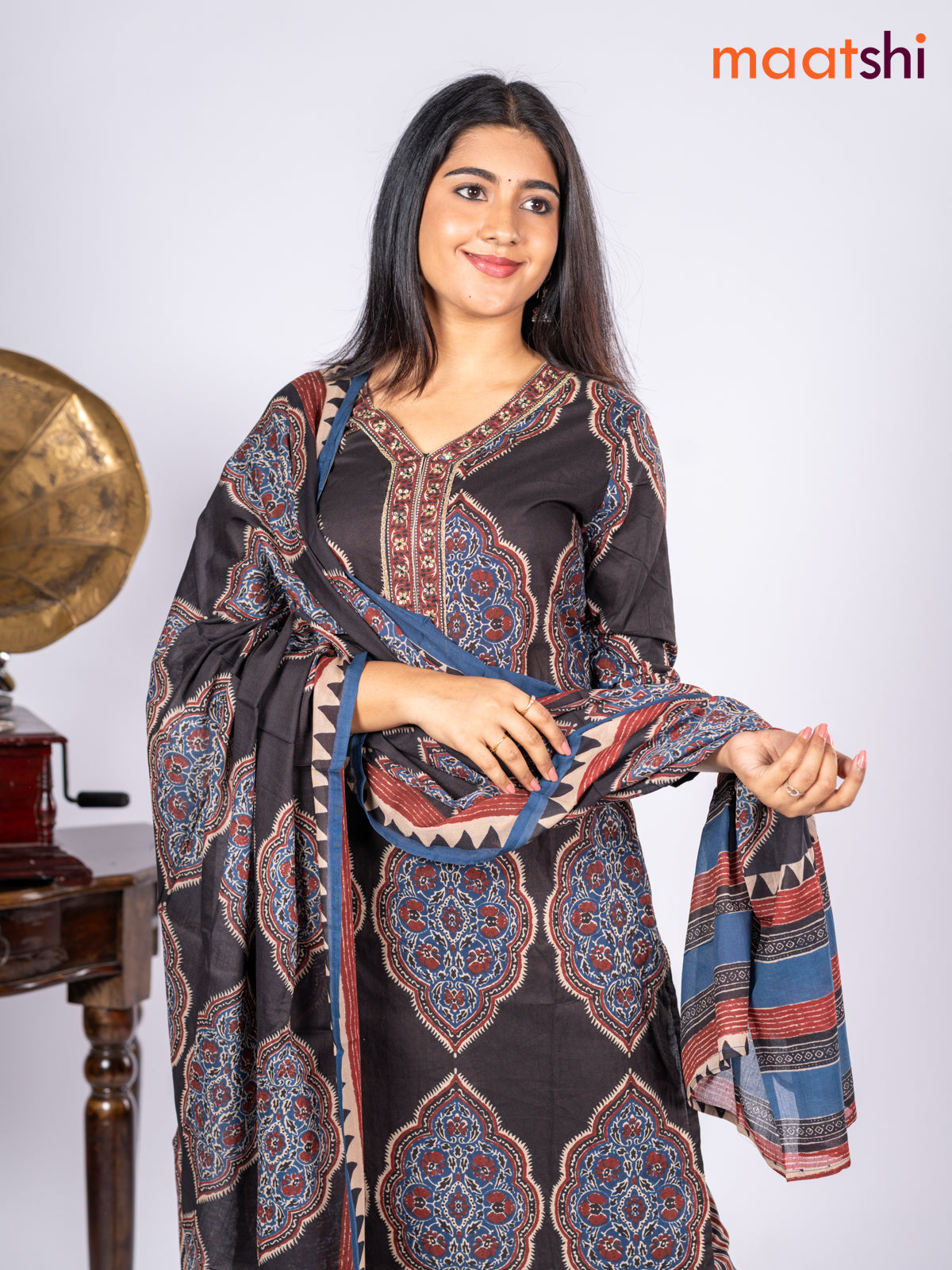 Cotton salwar suit black and blue maroon with allover floral prints & sequin lace work v neck pattern and straight cut pant & dupatta