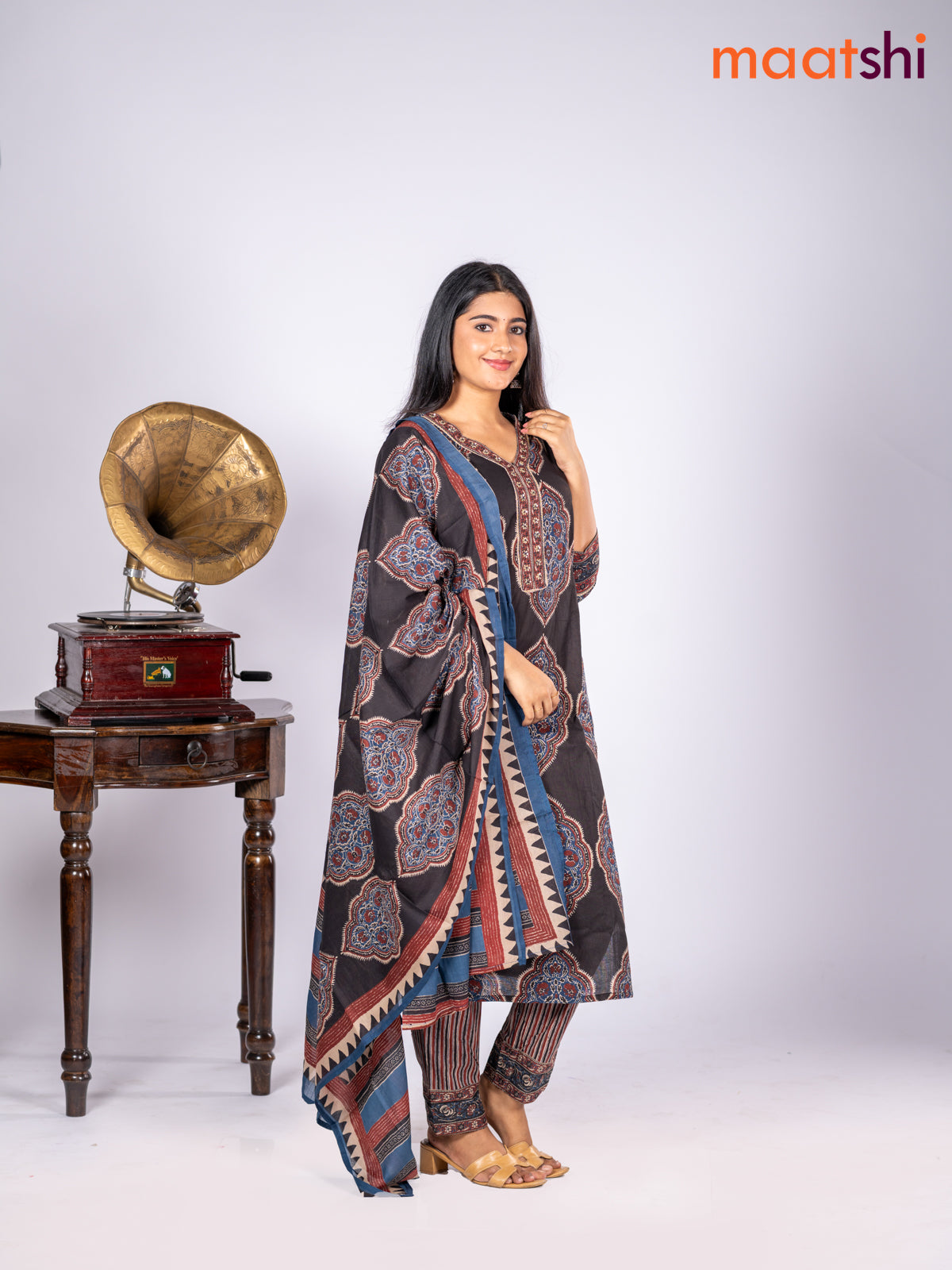Cotton salwar suit black and blue maroon with allover floral prints & sequin lace work v neck pattern and straight cut pant & dupatta
