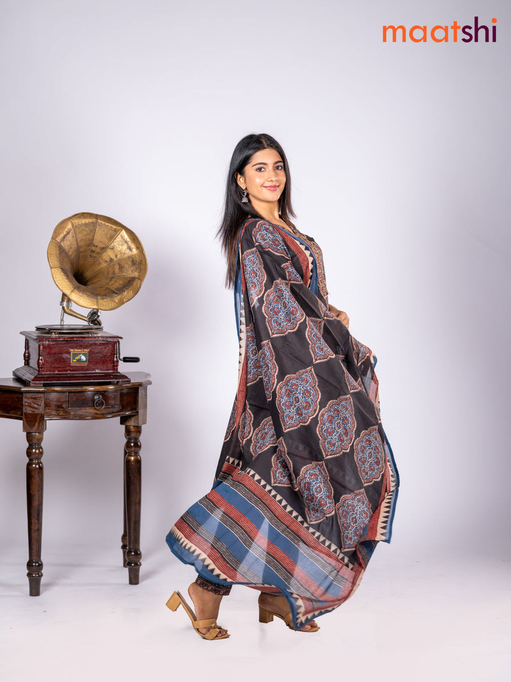 Cotton salwar suit black and blue maroon with allover floral prints & sequin lace work v neck pattern and straight cut pant & dupatta