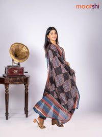 Cotton salwar suit black and blue maroon with allover floral prints & sequin lace work v neck pattern and straight cut pant & dupatta