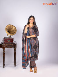 Cotton salwar suit black and blue maroon with allover floral prints & sequin lace work v neck pattern and straight cut pant & dupatta
