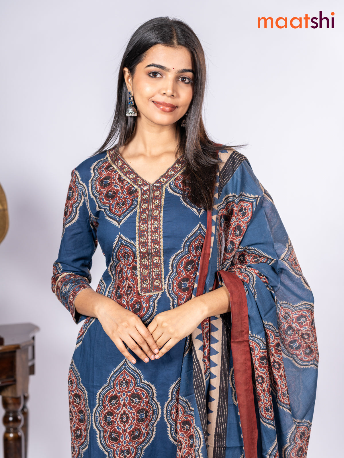 Cotton salwar suit navy blue and maroon with allover floral prints & sequin lace work v neck pattern and straight cut pant & dupatta
