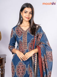Cotton salwar suit navy blue and maroon with allover floral prints & sequin lace work v neck pattern and straight cut pant & dupatta