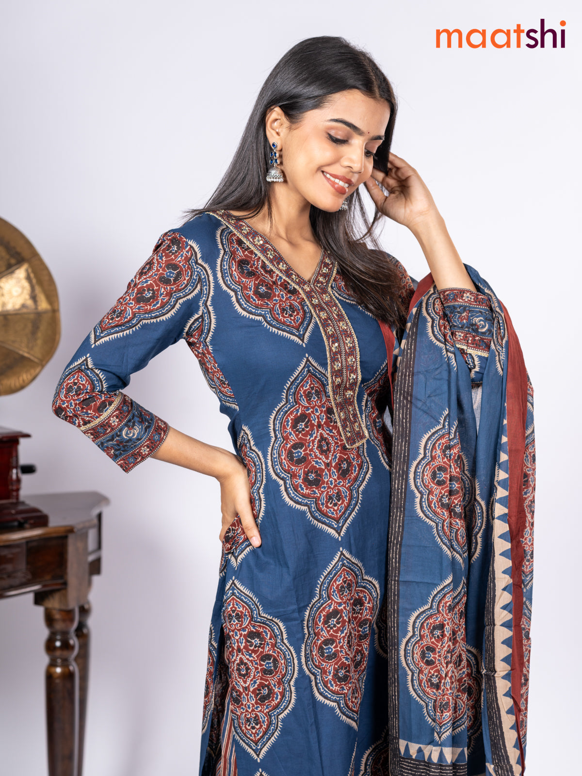 Cotton salwar suit navy blue and maroon with allover floral prints & sequin lace work v neck pattern and straight cut pant & dupatta