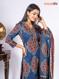 Cotton salwar suit navy blue and maroon with allover floral prints & sequin lace work v neck pattern and straight cut pant & dupatta