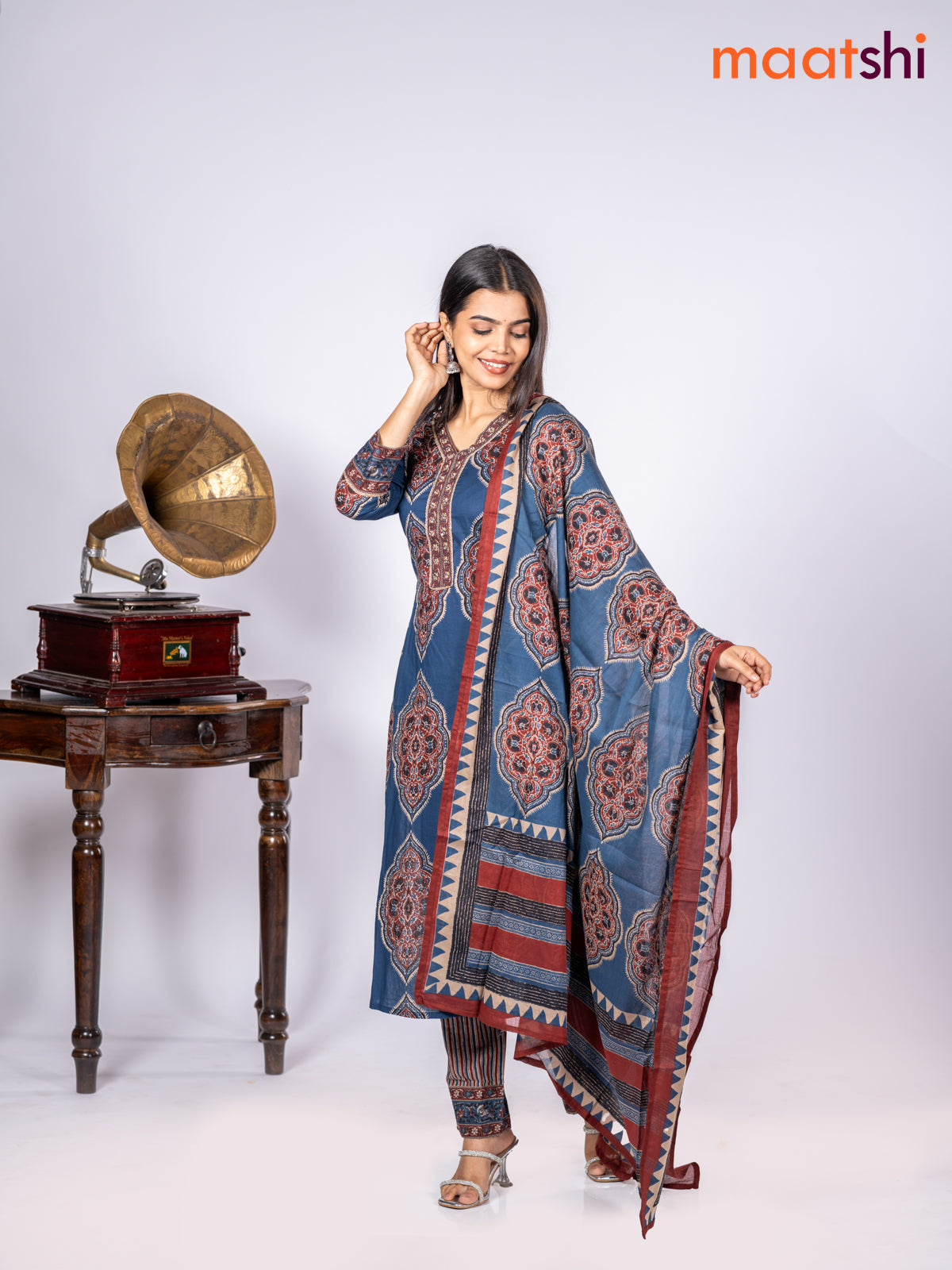 Cotton salwar suit navy blue and maroon with allover floral prints & sequin lace work v neck pattern and straight cut pant & dupatta