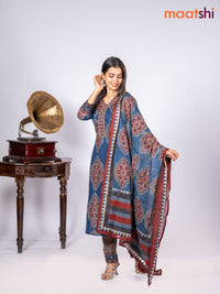 Cotton salwar suit navy blue and maroon with allover floral prints & sequin lace work v neck pattern and straight cut pant & dupatta