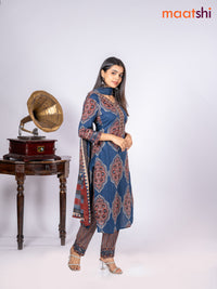 Cotton salwar suit navy blue and maroon with allover floral prints & sequin lace work v neck pattern and straight cut pant & dupatta